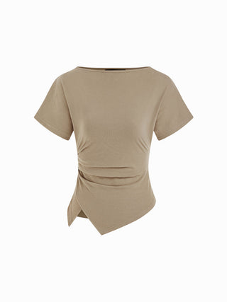 Cotton-blend Boat Neck Ruched Asymmetrical Hem Tee