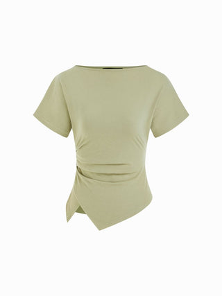 Cotton-blend Boat Neck Ruched Asymmetrical Hem Tee