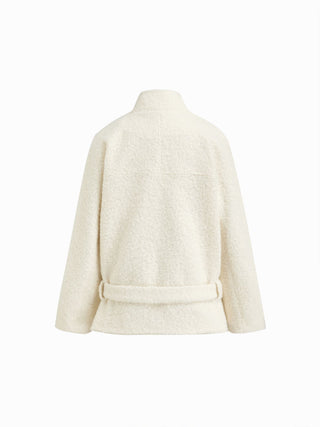 Wool-look Stand Collar Long Sleeve Jacket With Belt