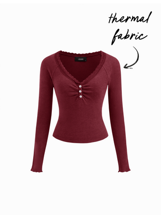 Thermal Cotton-blend V-neck Long Sleeve Lace Trim Ruched Tee