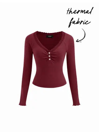 Thermal Cotton-blend V-neck Long Sleeve Lace Trim Ruched Tee