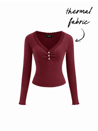 Thermal Cotton-blend V-neck Long Sleeve Lace Trim Ruched Tee