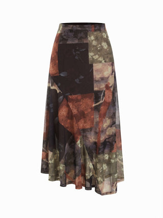 Mesh Mid Rise Abstract Graphic Floral Asymmetrical Hem Maxi Skirt