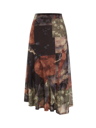 Mesh Mid Rise Abstract Graphic Floral Asymmetrical Hem Maxi Skirt