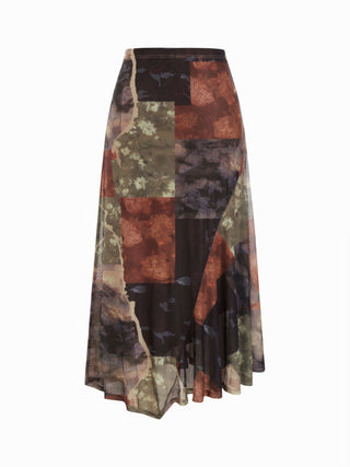 Mesh Mid Rise Abstract Graphic Floral Asymmetrical Hem Maxi Skirt