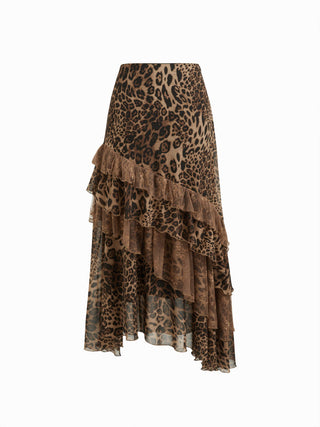 Chiffon High Rise Leopard Print Layered Maxi Skirt