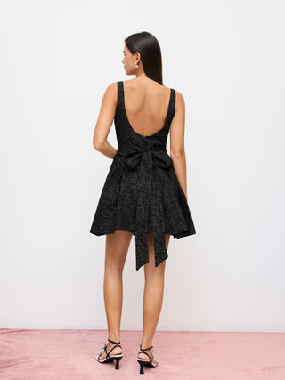 Jacquard U-neckline Floral Backless Bowknot Mini Dress