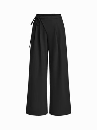 Mid Rise Tie Side Knotted Pleated Wide Leg Trousers