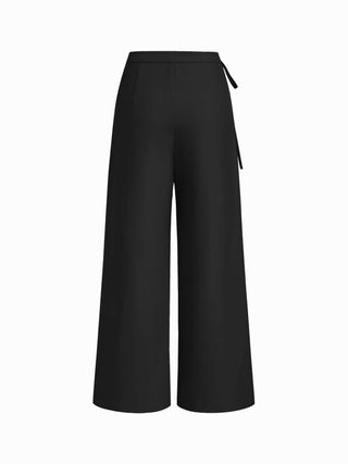 Mid Rise Tie Side Knotted Pleated Wide Leg Trousers