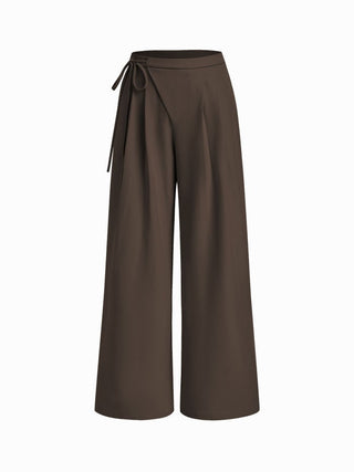 Mid Rise Tie Side Knotted Pleated Wide Leg Trousers