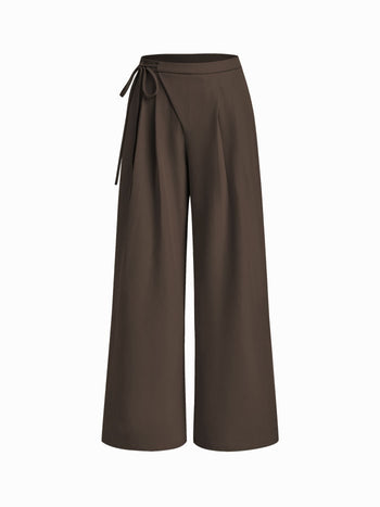 Mid Rise Tie Side Knotted Pleated Wide Leg Trousers
