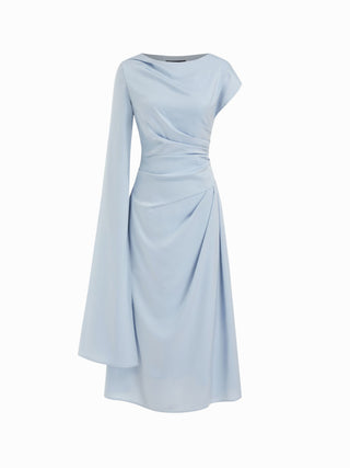 Satin Boat Neck Pleated Asymmetrical Sleeve Maxi Dress