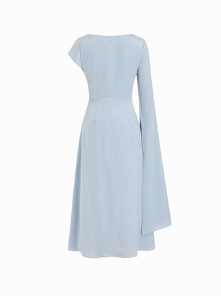 Satin Boat Neck Pleated Asymmetrical Sleeve Maxi Dress