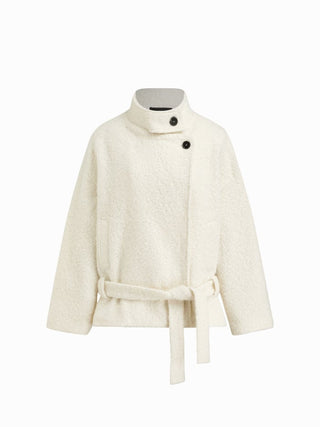Wool-look Stand Collar Long Sleeve Jacket With Belt