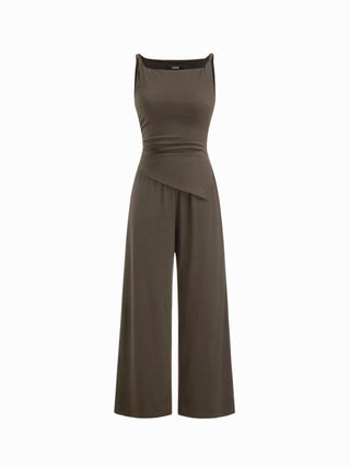 Knit Fabric Boat Neck Ruched Asymmetrical Hem Wide Leg Jumpsuit For Daily Casual Work