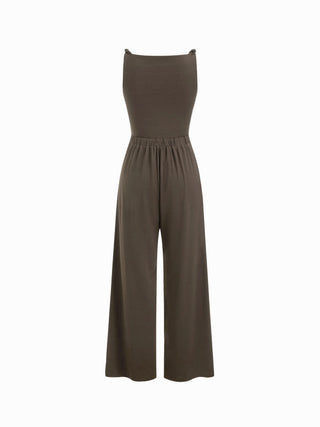 Knit Fabric Boat Neck Ruched Asymmetrical Hem Wide Leg Jumpsuit For Daily Casual Work