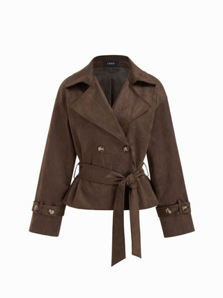 Suede Collar Double Breasted Trench Coat With Belt