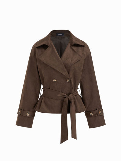 Suede Collar Double Breasted Trench Coat With Belt