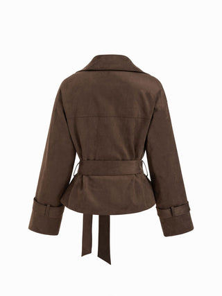 Suede Collar Double Breasted Trench Coat With Belt