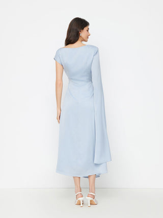 Satin Boat Neck Pleated Asymmetrical Sleeve Maxi Dress