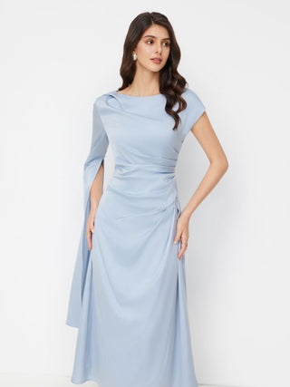 Satin Boat Neck Pleated Asymmetrical Sleeve Maxi Dress