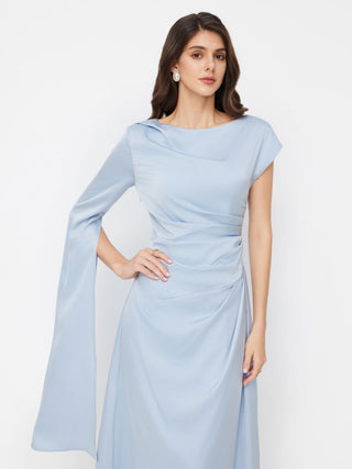 Satin Boat Neck Pleated Asymmetrical Sleeve Maxi Dress