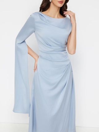 Satin Boat Neck Pleated Asymmetrical Sleeve Maxi Dress