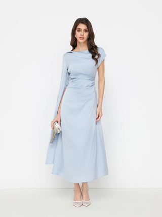 Satin Boat Neck Pleated Asymmetrical Sleeve Maxi Dress