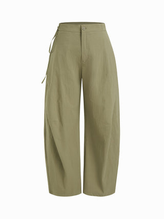 Woven Cotton-blend Low Rise Tie Side Barrel-leg Trousers For Daily Casual
