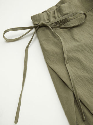 Woven Cotton-blend Low Rise Tie Side Barrel-leg Trousers For Daily Casual