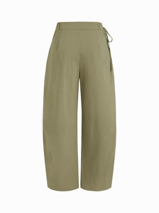 Woven Cotton-blend Low Rise Tie Side Barrel-leg Trousers For Daily Casual