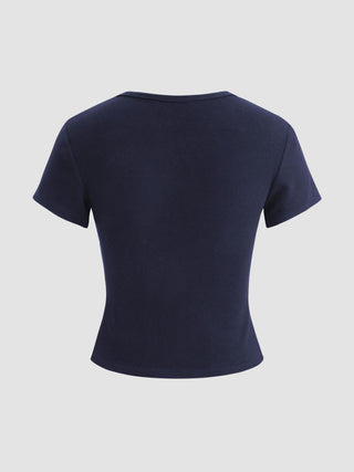 Round Neckline Solid Button Short Sleeve Top