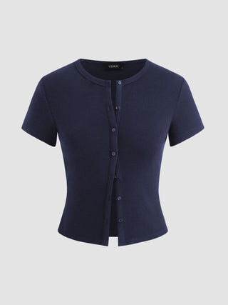 Round Neckline Solid Button Short Sleeve Top