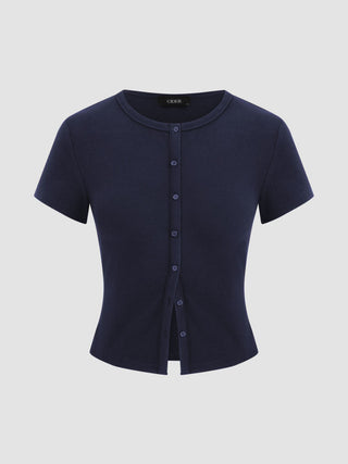 Round Neckline Solid Button Short Sleeve Top