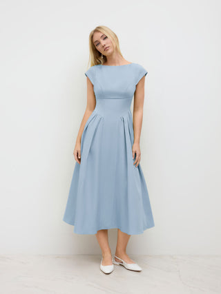 Sculptural Boat Neck Cut Out Backless Ruffle Maxi Dress