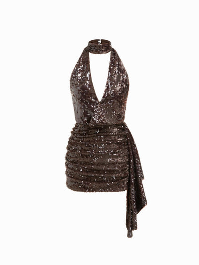 Sequin Deep V-neck Halter Mini Dress