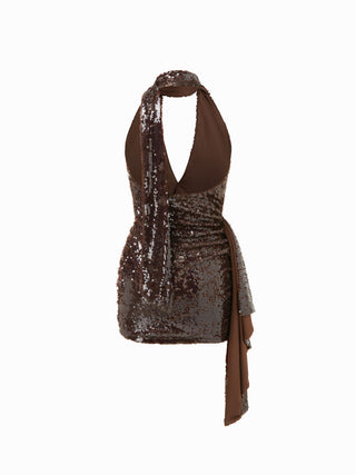 Sequin Deep V-neck Halter Mini Dress