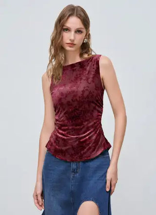 Valentine Knit Fabric Boat Neck Floral Knotted Ruched Crop Tank Top For Coffee Shop