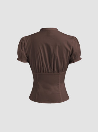 Cotton-blend V-neck Lettuce Trim Short Sleeve Blouse