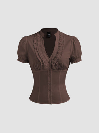 Cotton-blend V-neck Lettuce Trim Short Sleeve Blouse