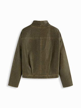 Faux Leather Collar Zip Through Oversized Jacket