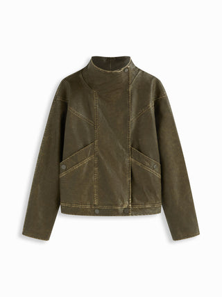 Faux Leather Collar Zip Through Oversized Jacket