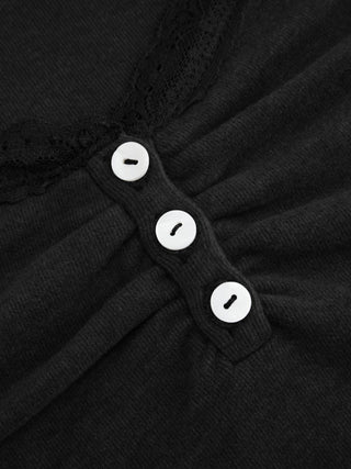 Thermal Cotton-blend V-neck Long Sleeve Lace Trim Ruched Tee
