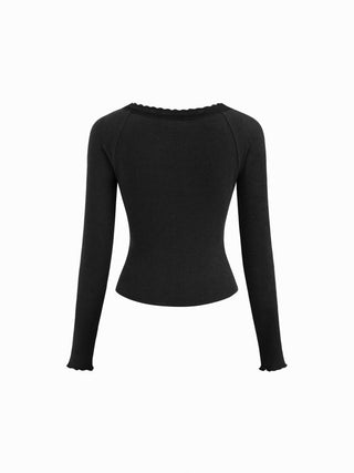 Thermal Cotton-blend V-neck Long Sleeve Lace Trim Ruched Tee