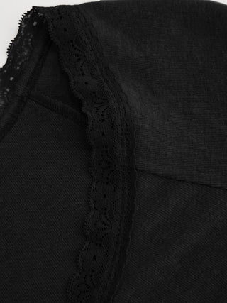 Thermal Cotton-blend V-neck Long Sleeve Lace Trim Ruched Tee