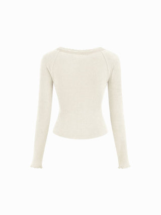 Thermal Cotton-blend V-neck Long Sleeve Lace Trim Ruched Tee
