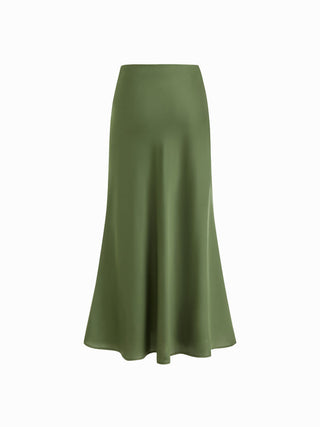 Satin Mid Rise Ruffle Maxi Skirt
