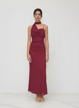 Mesh Halter Neckline Ruched Maxi Dress With Scarf