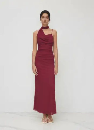 Mesh Halter Neckline Ruched Maxi Dress With Scarf