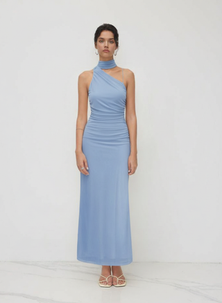 Mesh Halter Neckline Ruched Maxi Dress With Scarf
